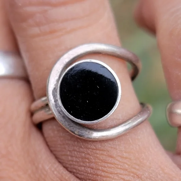 Vintage Southwestern modernist 925 sterling silver MEXICO onyx inlay ring TAXCO - Picture 5 of 17